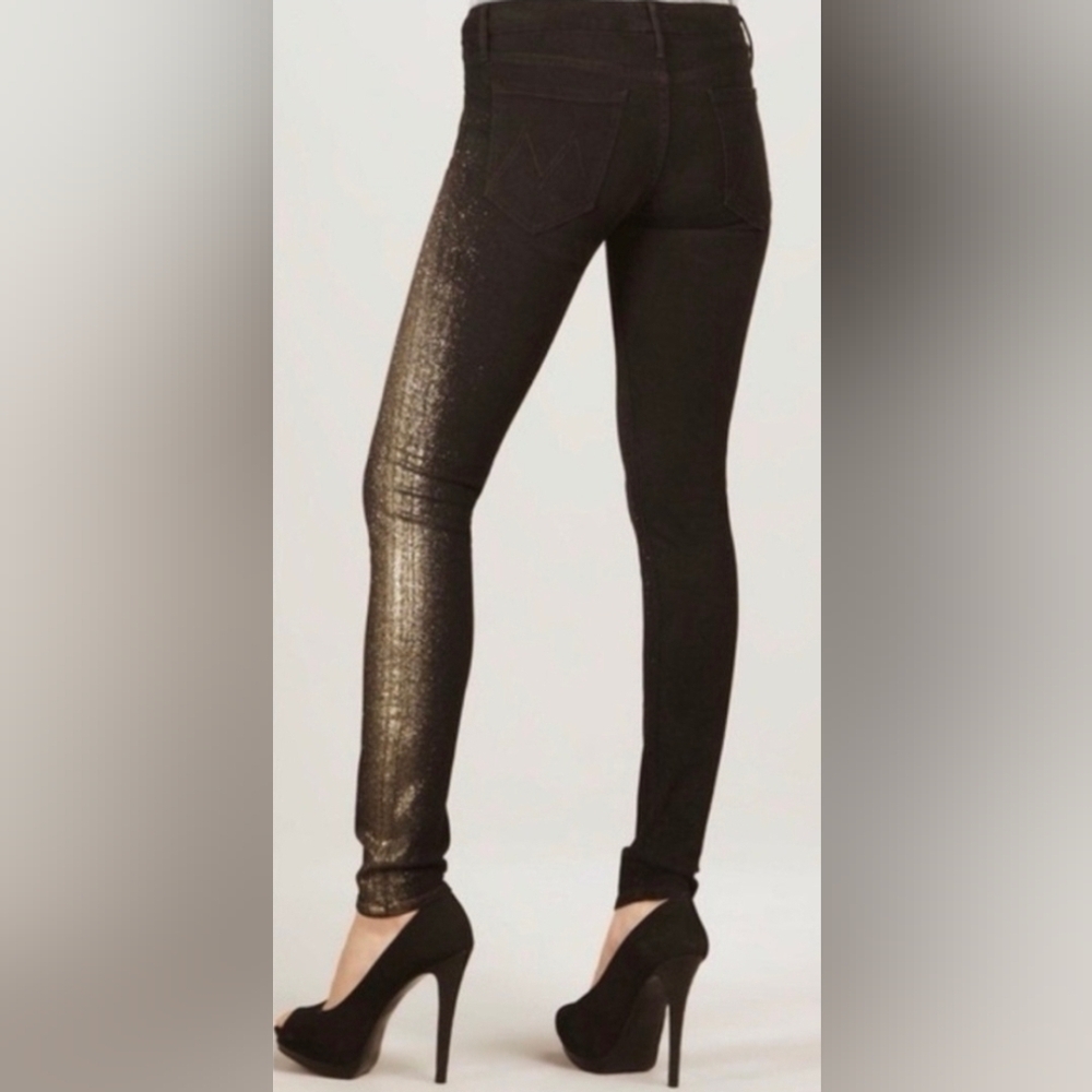 MOTHER The Looker Skinny Jeans Womens 24 Black Gold Metallic Stripe Glam‎ Rocker